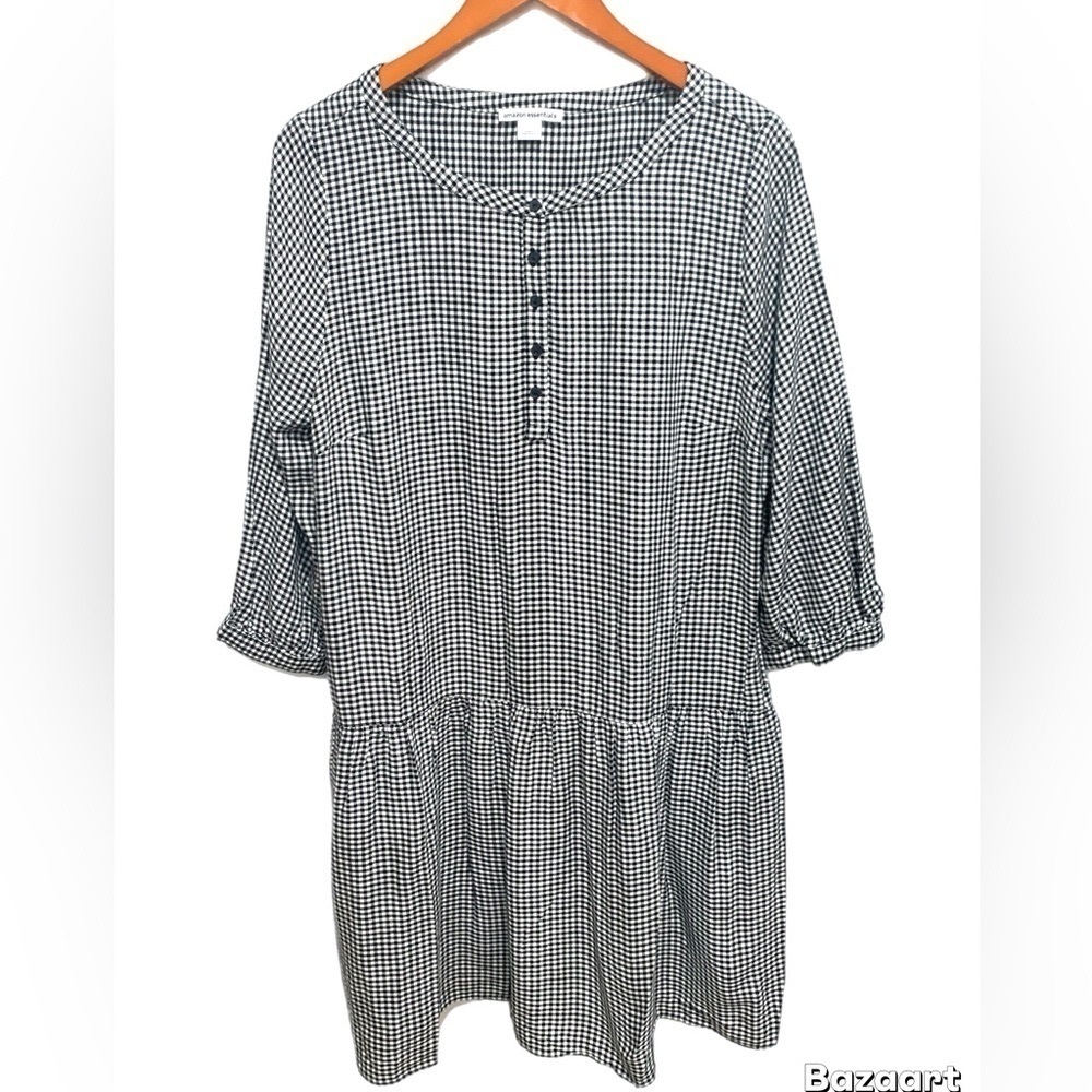 Amazon Essentials Black and White mini  Dress Gingham  3/4 Sleeves Sz:Large